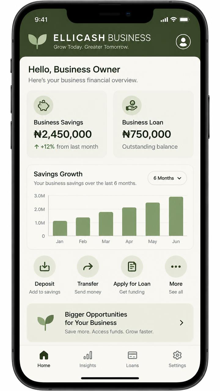 ElliCash Business app savings and loan overview with a growth chart
