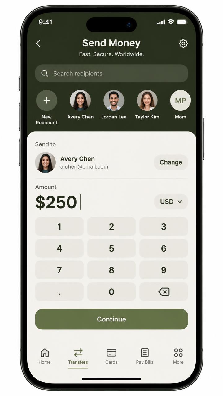 ElliCash Business app send money screen with recipients and amount keypad